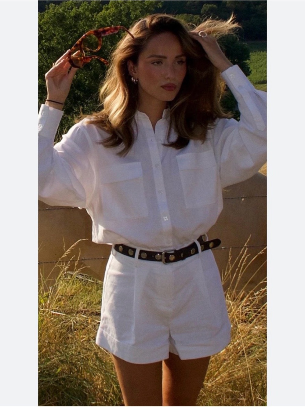 Meshki White Short Jumpsuit with Button-Front Shirt Top
